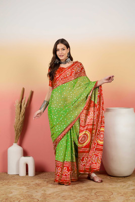 Sangria Printed Saree with Attached Blouse Silk Blend Saree(Light Green)