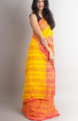 SAYAN CREATION Self Design Handloom Pure Cotton Saree(Yellow, Red)