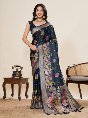 VISVASTA Woven, Self Design, Striped, Dyed, Printed, Embellished Handloom Jacquard, Silk Blend Saree(Dark Blue)