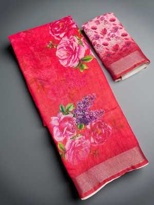 Myraani Floral Print Daily Wear Cotton Linen Saree(Red)