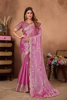 sareya veela Embroidered Bollywood Organza Saree(Pink)