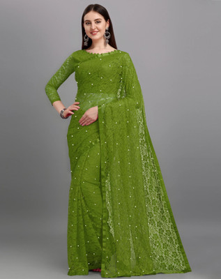 Samah Dyed, Embellished, Self Design Lucknow Chikankari Net Saree(Green)