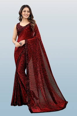 aaru creation Embroidered Bollywood Lycra Blend Saree(Maroon)