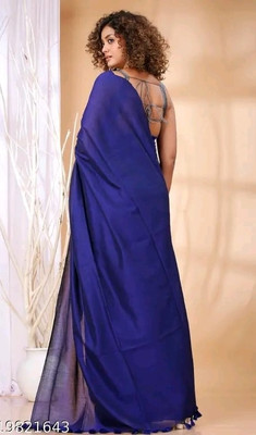 SSP Solid/Plain Handloom Cotton Blend Saree(Blue)