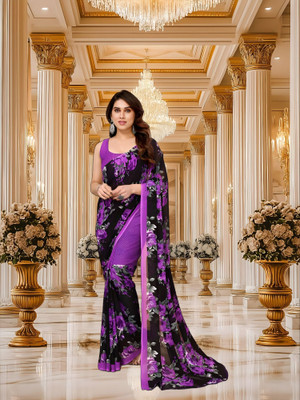 SmittenSmit Printed Bollywood Georgette Saree(Black, Purple)