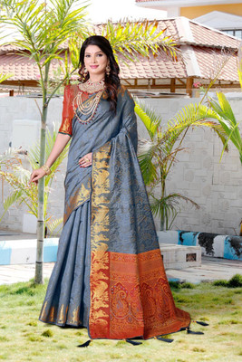 LAVYANSH CREATION Printed Patola Silk Blend Saree(Grey)