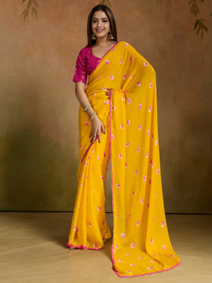 Tasrika Printed Leheria Chiffon Saree(Yellow)