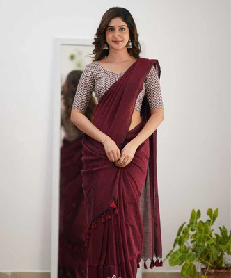 Sampa Das Solid/Plain Handloom Cotton Blend Saree(Maroon)