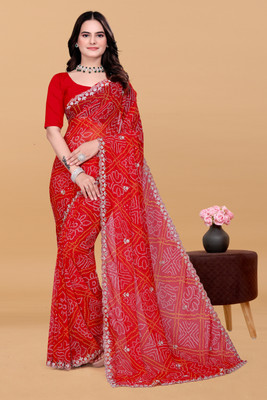 Shree Shyam Creation Embroidered Bandhani Georgette Saree(Red)