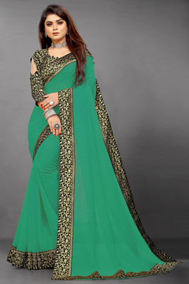 Jevlan Solid/Plain Bollywood Georgette, Chiffon Saree(Light Green)