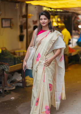 SDGRATITUDE Floral Print Daily Wear Linen Saree(Cream)