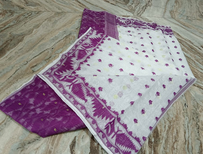 SOUMEN CREATION Self Design Jamdani Handloom Cotton Blend Saree(White)