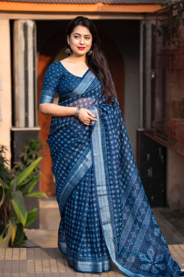 STAVA CREATION Printed Bollywood Linen Saree(Blue)