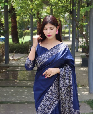 V And V Shop Woven Kanjivaram Jacquard, Pure Silk Saree(Dark Blue)