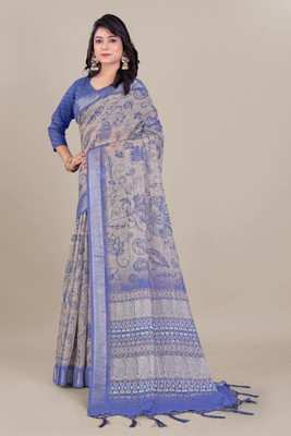 Laxmi Fashion Printed, Floral Print Assam Silk Jacquard, Cotton Silk Saree(Blue)