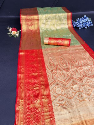 SIYADECOR Woven Dharmavaram Pure Silk, Cotton Silk Saree(Green, Red)