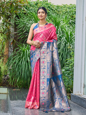 Gariya Fab Self Design Banarasi Cotton Blend Saree(Pink)