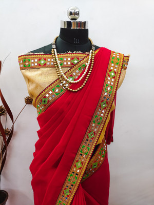 WELLBRED Solid/Plain, Embellished Daily Wear Georgette Saree(Red)