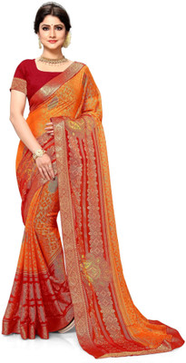 PinkEVE Printed, Embroidered Bandhani Chiffon, Brasso Saree(Orange)