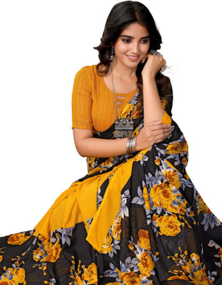 Priyashi Floral Print Daily Wear Georgette Saree(Yellow)