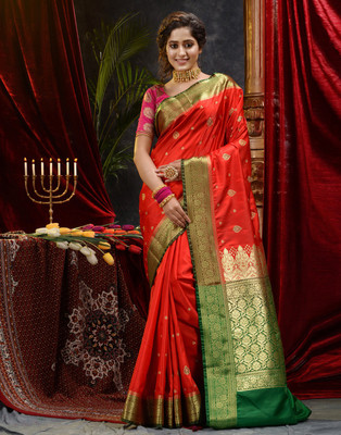 SAAREE GHAR Embroidered Banarasi Handloom Satin Saree(Red)