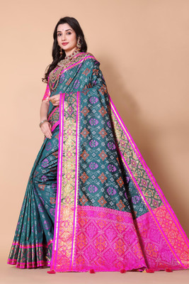 Wovenza Self Design, Woven Patola Silk Blend Saree(Blue, Pink)