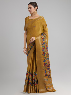 Sareemall Printed Jamdani Tussar Silk Saree(Mustard)