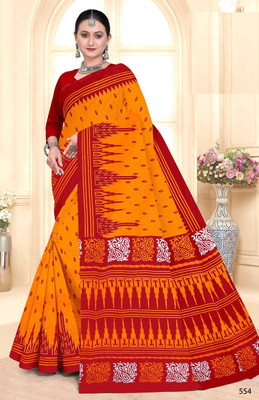 mahakali Printed Patola Pure Cotton Saree(Yellow, Red)