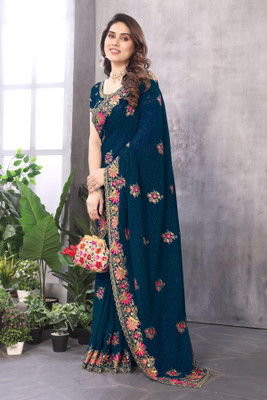 MIYANIFAB Embroidered Bollywood Georgette Saree(Dark Blue)