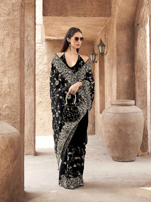 Tikhi Imli Embroidered Saree with Attached Blouse Georgette Saree(Black)