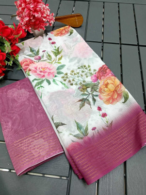 HouseOfCommon Printed Kanjivaram Chanderi, Cotton Silk Saree(White, Magenta)