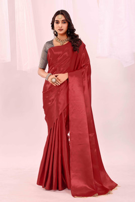 Suali Solid/Plain Bollywood Satin Saree(Red)