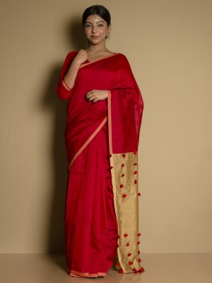 GUNGUN Solid/Plain Handloom Cotton Blend Saree(Red)