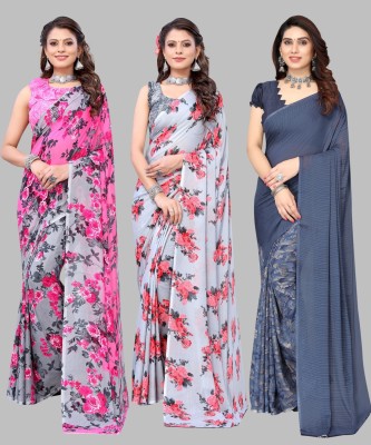 ANIRAV Floral Print Daily Wear Georgette Saree(Pack of 3, Dark Blue, Grey, Pink)