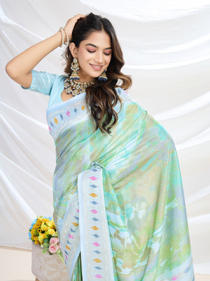 Tasrika Printed Bollywood Pure Silk Saree(Light Green, Light Blue)