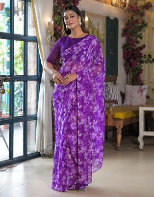 Samah Floral Print, Printed Daily Wear Chiffon Saree(Purple)