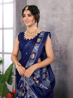 YASHIKA Printed Kalamkari Art Silk Saree(Blue)