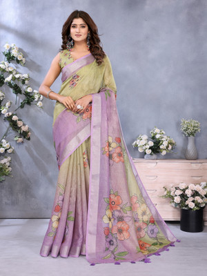Vintro Floral Print Bollywood Linen Saree(Multicolor)