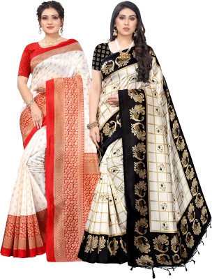 Madhumeena Printed Bollywood Art Silk Saree(Pack of 2, White, Black)