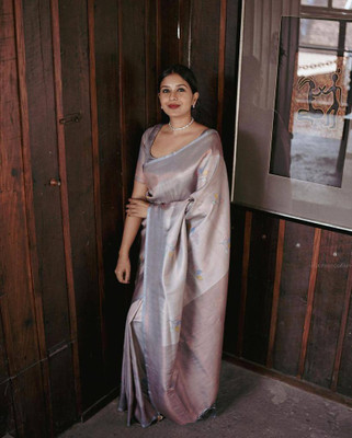 Bansari Textiles Woven, Embroidered, Self Design, Solid/Plain Banarasi Cotton Silk, Art Silk Saree(Brown)
