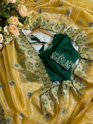 GOLDOLL FAB Embroidered Bollywood Net Saree(Yellow)