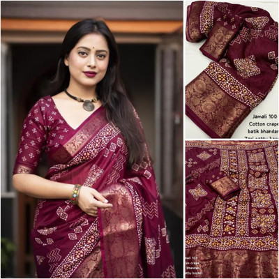SSHAGUN LIFESTYLE Printed Hand Batik Cotton Silk Saree(Maroon)