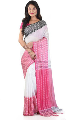 ADbutiq Woven Tant Pure Cotton Saree(White, Pink)
