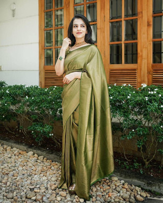 Rudr Ventures Embroidered Banarasi Silk Blend Saree(Green)
