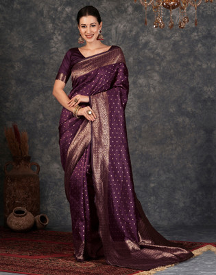 Anmi Woven, Embellished Banarasi Silk Blend, Jacquard Saree(Purple, Gold)
