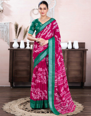 Samah Embellished, Printed Daily Wear Linen, Cotton Blend Saree(Pink)