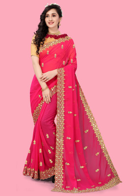 HouseOfCommon Embroidered Bollywood Georgette Saree(Pink)