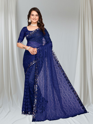 MAA CREATION Self Design Bollywood Net Saree(Dark Blue)