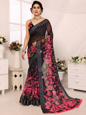 Moda Rapido Printed Bollywood Cotton Blend Saree(Black)