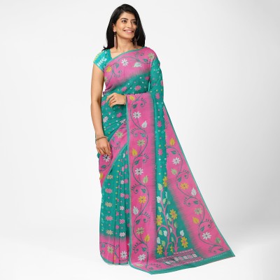 Panchanan Digital Print, Floral Print, Woven Jamdani Cotton Linen, Georgette Saree(Light Green)